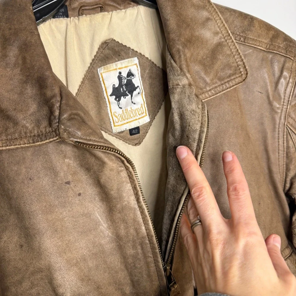 AA Vintage Saddlebred Leather Bike Brown Bomber Knife Pockets‎ Jacket